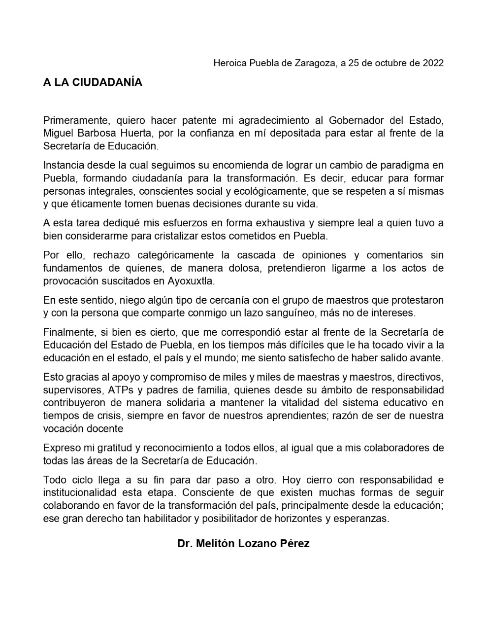 En carta Meltón negó orquestar manifestación en Ayoxuxtla