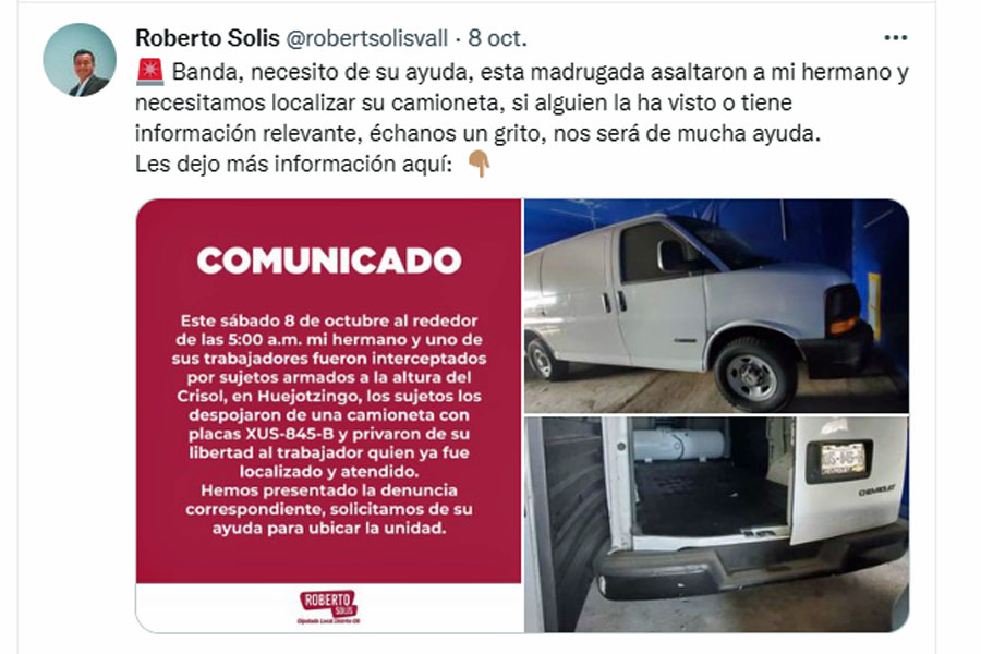 Robaron camioneta a hermano del diputado Roberto Solís