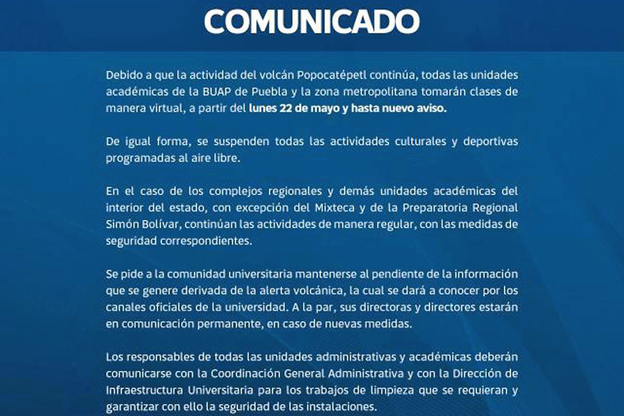 Por actividad volcánica BUAP suspenden clases presenciales