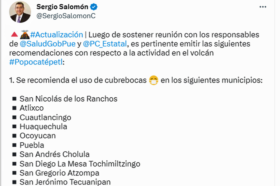 Recomendó gobierno uso de cubrebocas por caída de ceniza