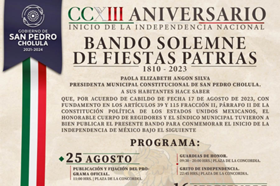 Colocó Paola Angon bando de fiestas patrias en San Pedro Cholula