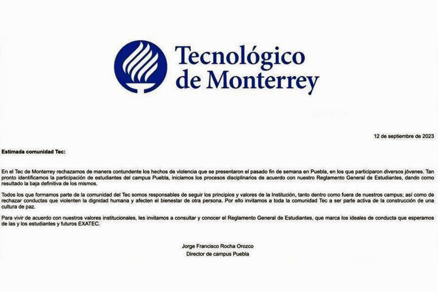 Expulsó Tec de Monterrey Puebla a agresores de Neto Calderón