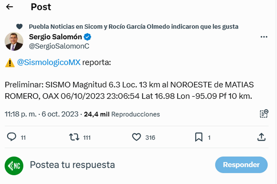 Se registró en Puebla sismo de 6.3 con epicentro en Oaxaca