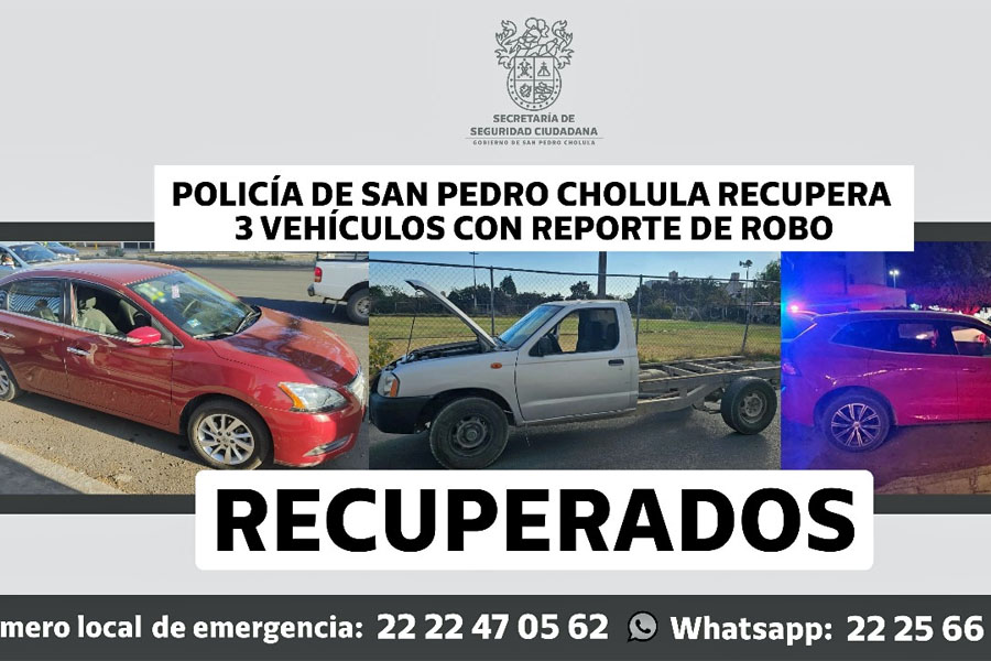 Recuperan 3 autos con reporte de robo en San Pedro Cholula