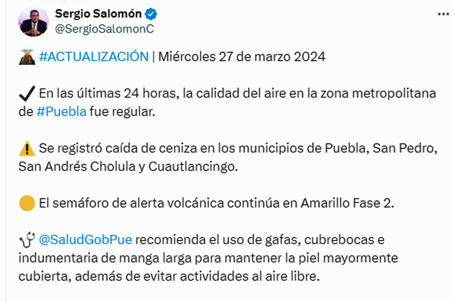 Tiene Puebla calidad del aire regular por incendios y ceniza